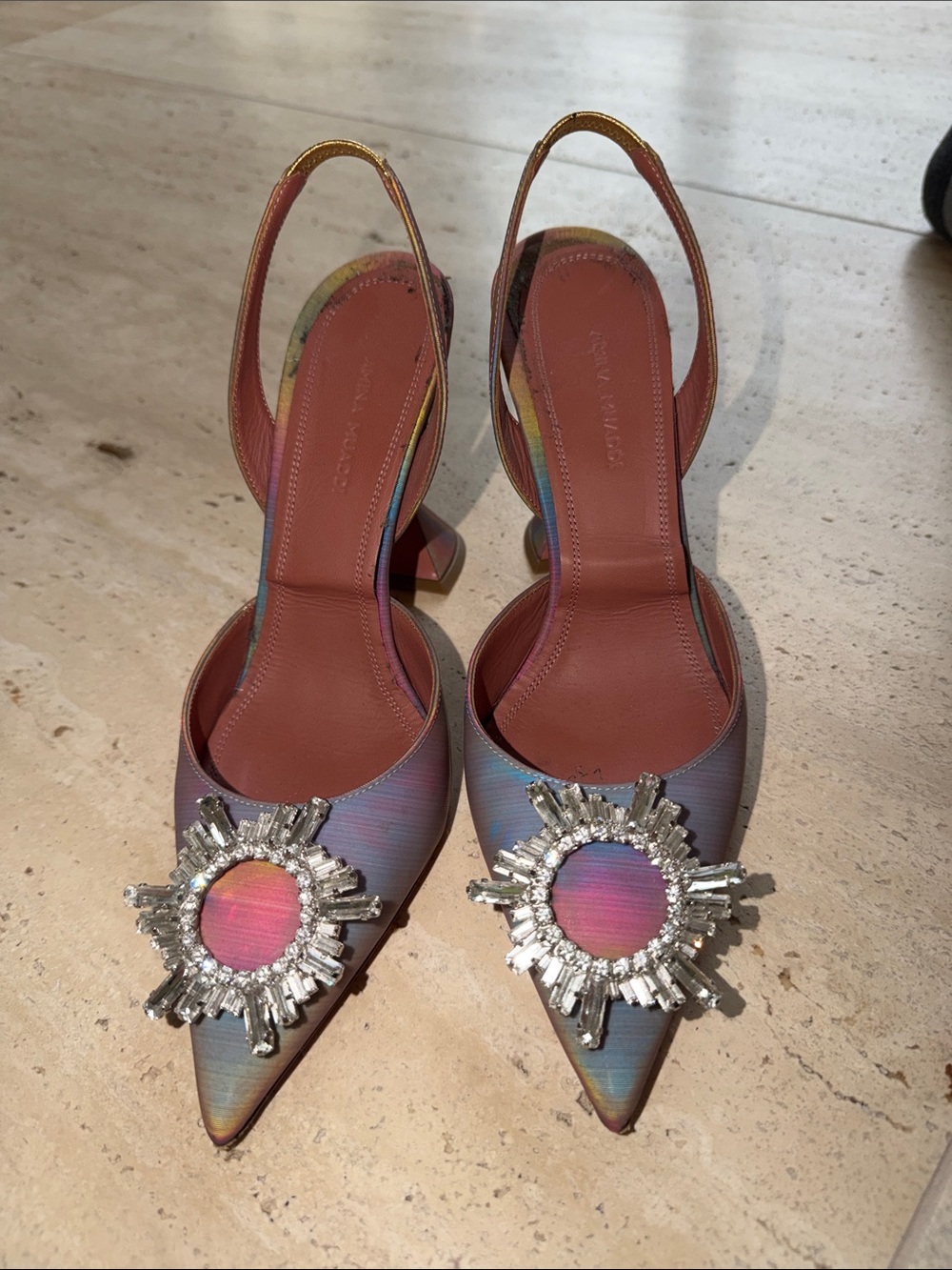 Amina MuDdi Pointed Slingback Heels with Crystal Sunburst Accent - Pink Multi